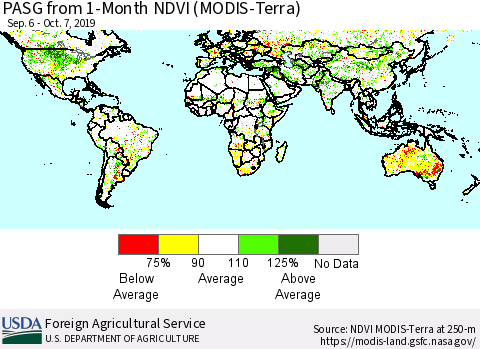 World PASG from 1-Month NDVI (Terra-MODIS) Thematic Map For 10/1/2019 - 10/10/2019