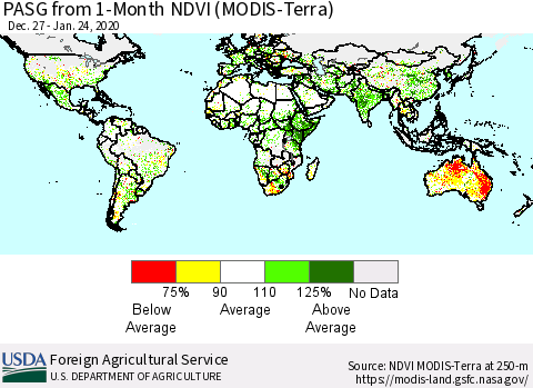 World PASG from 1-Month NDVI (MODIS-Terra) Thematic Map For 1/21/2020 - 1/31/2020