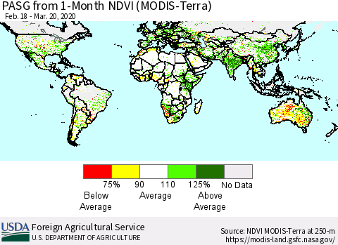 World PASG from 1-Month NDVI (MODIS-Terra) Thematic Map For 3/11/2020 - 3/20/2020
