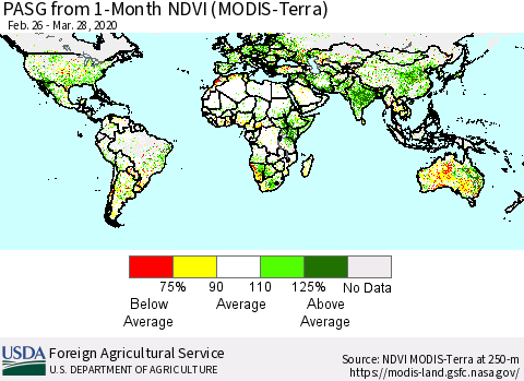 World PASG from 1-Month NDVI (MODIS-Terra) Thematic Map For 3/21/2020 - 3/31/2020