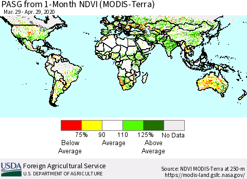 World PASG from 1-Month NDVI (Terra-MODIS) Thematic Map For 4/21/2020 - 4/30/2020