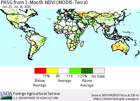 World PASG from 1-Month NDVI (Terra-MODIS) Thematic Map For 7/21/2020 - 7/31/2020