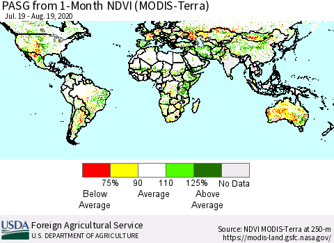 World PASG from 1-Month NDVI (Terra-MODIS) Thematic Map For 8/11/2020 - 8/20/2020