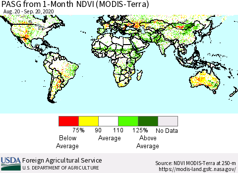 World PASG from 1-Month NDVI (MODIS-Terra) Thematic Map For 9/11/2020 - 9/20/2020