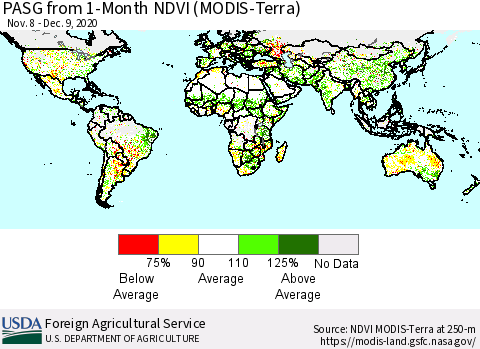 World PASG from 1-Month NDVI (MODIS-Terra) Thematic Map For 12/1/2020 - 12/10/2020
