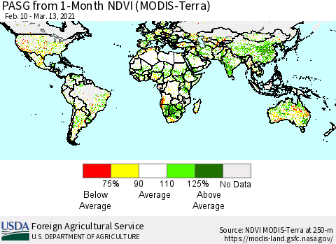 World PASG from 1-Month NDVI (Terra-MODIS) Thematic Map For 3/11/2021 - 3/20/2021