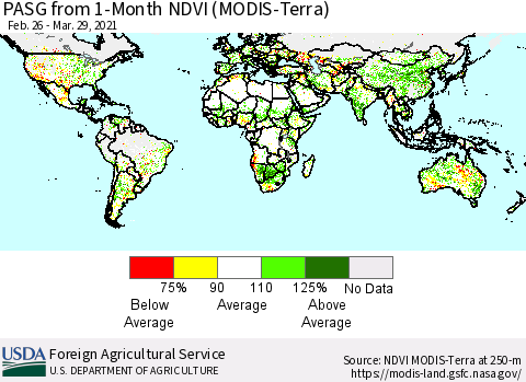 World PASG from 1-Month NDVI (Terra-MODIS) Thematic Map For 3/21/2021 - 3/31/2021
