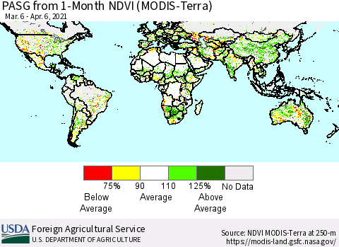 World PASG from 1-Month NDVI (Terra-MODIS) Thematic Map For 4/1/2021 - 4/10/2021