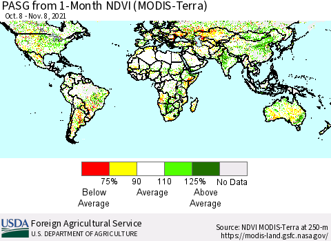 World PASG from 1-Month NDVI (MODIS-Terra) Thematic Map For 11/1/2021 - 11/10/2021