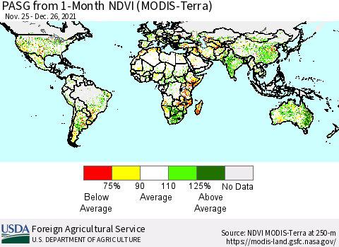 World PASG from 1-Month NDVI (MODIS-Terra) Thematic Map For 12/21/2021 - 12/31/2021