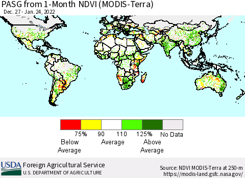 World PASG from 1-Month NDVI (Terra-MODIS) Thematic Map For 1/21/2022 - 1/31/2022