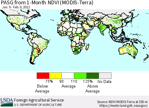 World PASG from 1-Month NDVI (Terra-MODIS) Thematic Map For 2/1/2022 - 2/10/2022