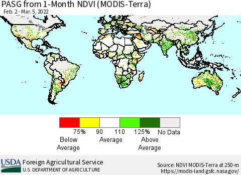 World PASG from 1-Month NDVI (Terra-MODIS) Thematic Map For 3/1/2022 - 3/10/2022