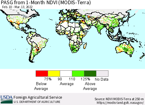 World PASG from 1-Month NDVI (Terra-MODIS) Thematic Map For 3/11/2022 - 3/20/2022