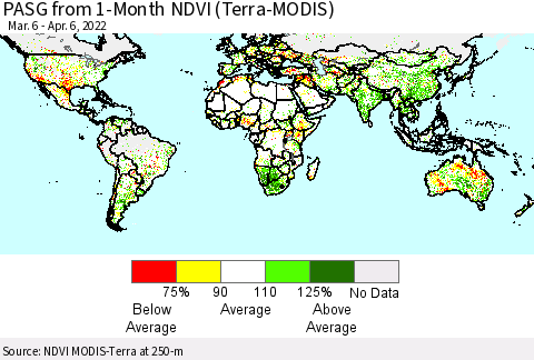 World PASG from 1-Month NDVI (Terra-MODIS) Thematic Map For 3/30/2022 - 4/6/2022