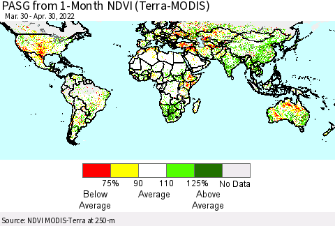 World PASG from 1-Month NDVI (Terra-MODIS) Thematic Map For 4/21/2022 - 4/30/2022