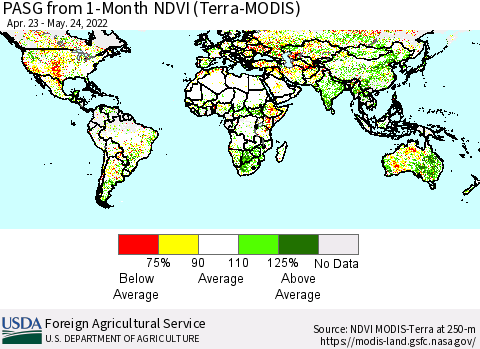 World PASG from 1-Month NDVI (Terra-MODIS) Thematic Map For 5/21/2022 - 5/31/2022