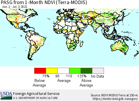 World PASG from 1-Month NDVI (Terra-MODIS) Thematic Map For 7/1/2022 - 7/10/2022