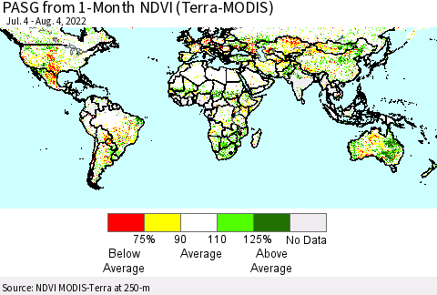 World PASG from 1-Month NDVI (Terra-MODIS) Thematic Map For 7/28/2022 - 8/4/2022