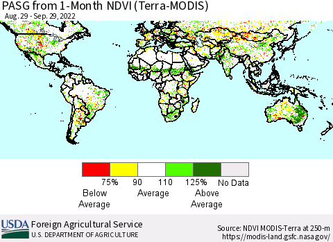 World PASG from 1-Month NDVI (Terra-MODIS) Thematic Map For 9/21/2022 - 9/30/2022