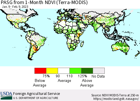 World PASG from 1-Month NDVI (Terra-MODIS) Thematic Map For 2/1/2023 - 2/10/2023