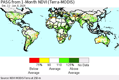 World PASG from 1-Month NDVI (Terra-MODIS) Thematic Map For 1/1/2024 - 1/8/2024