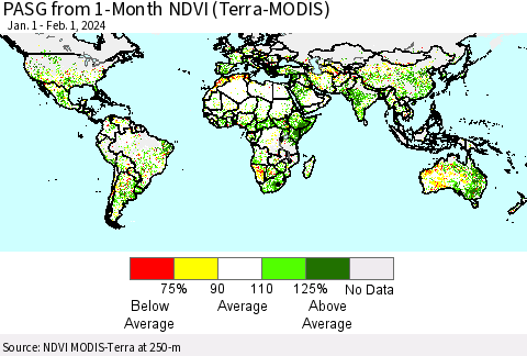 World PASG from 1-Month NDVI (Terra-MODIS) Thematic Map For 1/25/2024 - 2/1/2024