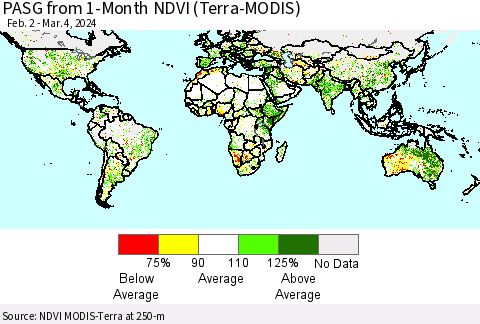 World PASG from 1-Month NDVI (Terra-MODIS) Thematic Map For 2/26/2024 - 3/4/2024