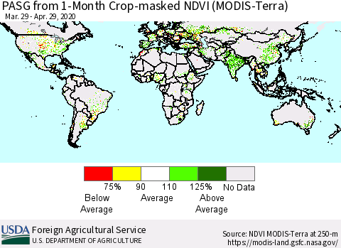 World PASG from 1-Month Crop-masked NDVI (MODIS-Terra) Thematic Map For 4/21/2020 - 4/30/2020