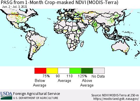 World PASG from 1-Month Cropland NDVI (Terra-MODIS) Thematic Map For 7/1/2021 - 7/10/2021