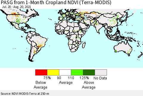 World PASG from 1-Month Crop-masked NDVI (MODIS-Terra) Thematic Map For 8/11/2021 - 8/20/2021
