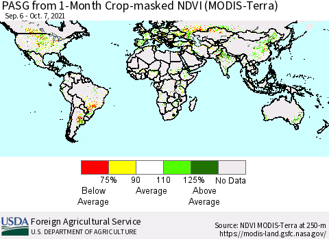 World PASG from 1-Month Crop-masked NDVI (MODIS-Terra) Thematic Map For 10/1/2021 - 10/10/2021