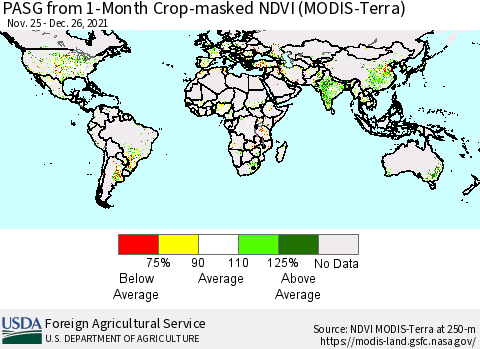 World PASG from 1-Month Crop-masked NDVI (MODIS-Terra) Thematic Map For 12/21/2021 - 12/31/2021