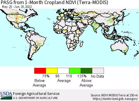 World PASG from 1-Month Cropland NDVI (Terra-MODIS) Thematic Map For 6/21/2022 - 6/30/2022