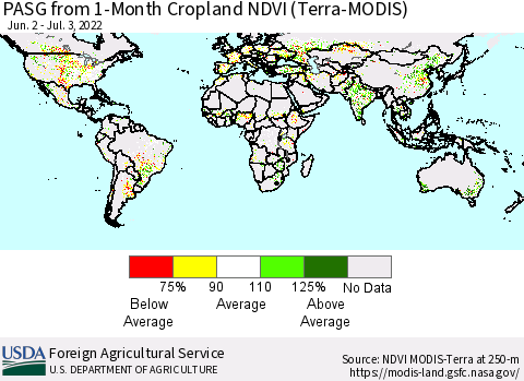 World PASG from 1-Month Cropland NDVI (Terra-MODIS) Thematic Map For 7/1/2022 - 7/10/2022