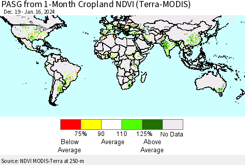 World PASG from 1-Month Cropland NDVI (Terra-MODIS) Thematic Map For 1/9/2024 - 1/16/2024