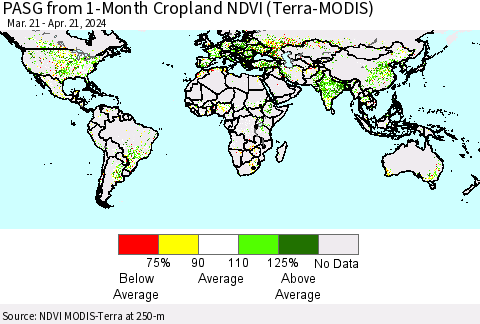 World PASG from 1-Month Cropland NDVI (Terra-MODIS) Thematic Map For 4/14/2024 - 4/21/2024