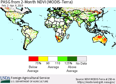 World PASG from 2-Month NDVI (Terra-MODIS) Thematic Map For 4/1/2019 - 4/10/2019