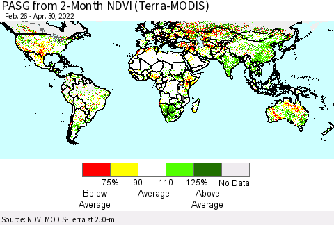 World PASG from 2-Month NDVI (Terra-MODIS) Thematic Map For 4/21/2022 - 4/30/2022