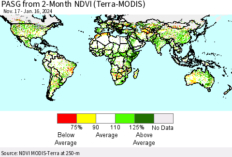 World PASG from 2-Month NDVI (Terra-MODIS) Thematic Map For 1/9/2024 - 1/16/2024