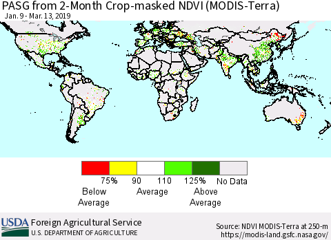 World PASG from 2-Month Cropland NDVI (Terra-MODIS) Thematic Map For 3/11/2019 - 3/20/2019