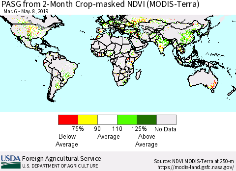 World PASG from 2-Month Cropland NDVI (Terra-MODIS) Thematic Map For 5/1/2019 - 5/10/2019
