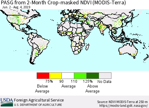 World PASG from 2-Month Cropland NDVI (Terra-MODIS) Thematic Map For 8/1/2019 - 8/10/2019