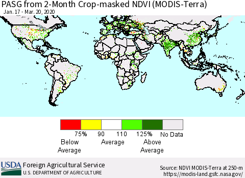 World PASG from 2-Month Crop-masked NDVI (MODIS-Terra) Thematic Map For 3/11/2020 - 3/20/2020