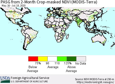 World PASG from 2-Month Crop-masked NDVI (MODIS-Terra) Thematic Map For 7/11/2020 - 7/20/2020