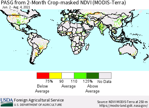 World PASG from 2-Month Cropland NDVI (Terra-MODIS) Thematic Map For 8/1/2021 - 8/10/2021