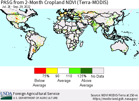 World PASG from 2-Month Cropland NDVI (Terra-MODIS) Thematic Map For 9/21/2022 - 9/30/2022
