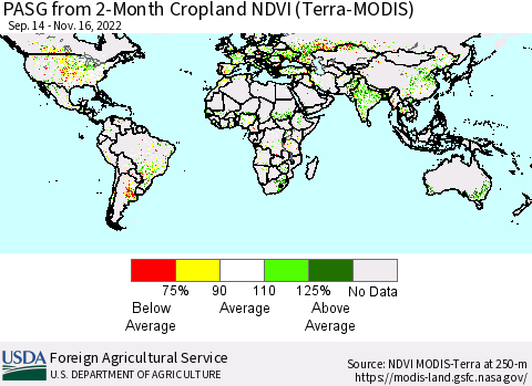 World PASG from 2-Month Cropland NDVI (Terra-MODIS) Thematic Map For 11/11/2022 - 11/20/2022