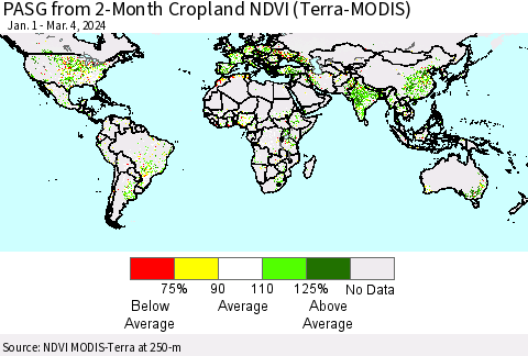 World PASG from 2-Month Cropland NDVI (Terra-MODIS) Thematic Map For 2/26/2024 - 3/4/2024