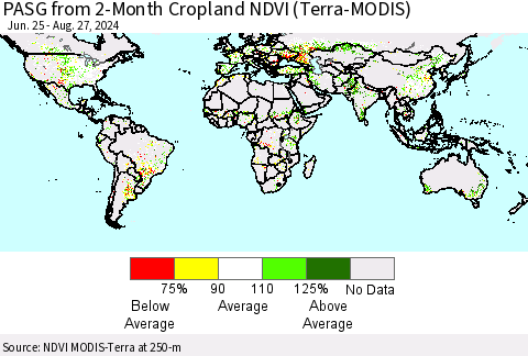 World PASG from 2-Month Cropland NDVI (Terra-MODIS) Thematic Map For 8/20/2024 - 8/27/2024